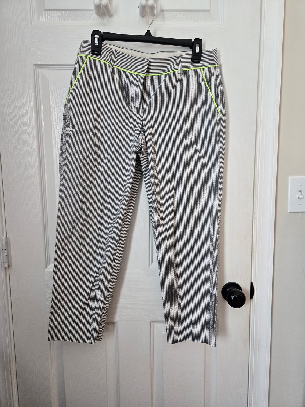 J. Crew Seersucker Cropped Chinos with Neon Yellow Trim
